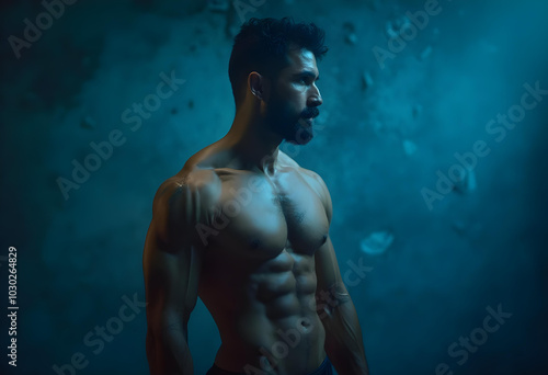 muscular man poses against textured blue background, showcasing his physique and strength. dramatic lighting highlights his defined muscles, creating striking visual impact