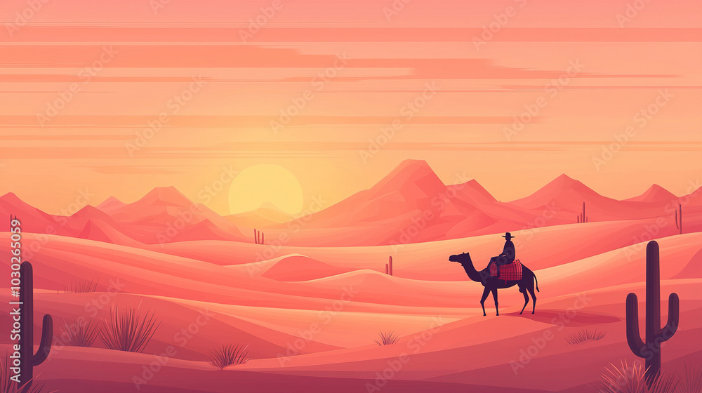 Nomad riding camel crossing endless desert at sunset with mountains background Nomad riding camel crossing endless desert at sunset with mountains background