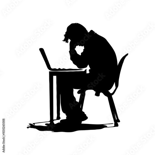A silhouette of an individual seated at a desk with a laptop, on a white background. Person experiencing exhaustion, physical and mental fatigue. Burnout concept.