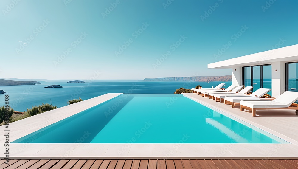 Fototapeta premium beautiful turquoise pool surrounded sunbeds breathtaking sea view perfect relaxing summer getaway atmosphere