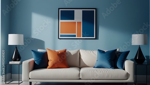 blue orange pillows adorn minimalist sofa wall art posters nearby door modern living room setting