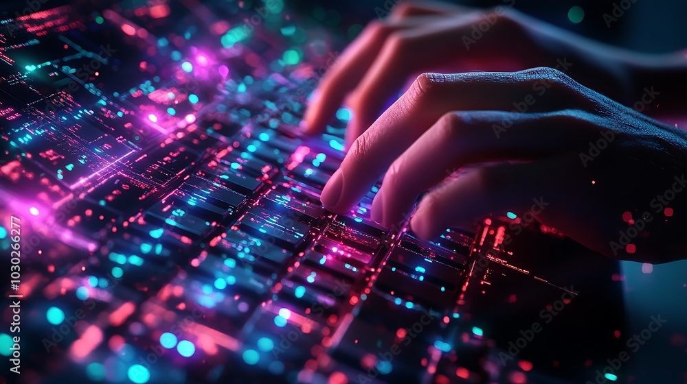 Hands typing on a futuristic digital keyboard, blockchain smart contract details filling up a holographic screen, blockchain code flowing securely in the background, Hands typing on a futuristic digital keyboard, blockchain smart contract details filling up a holographic screen, blockchain code flowing securely in the background,
