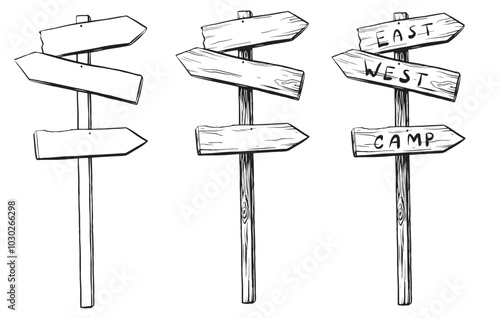 Signpost wooden set sketch in hand drawn style for adventure or camping on isolated background. Vector graphic illustration wood pointer ways for tourism trip or hiking in linear drawing style.