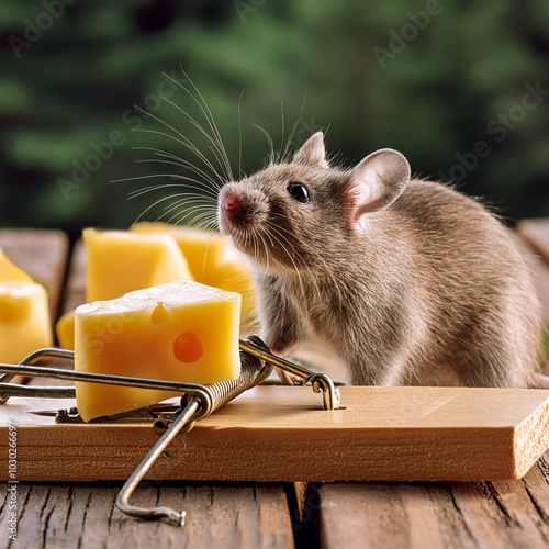 Cute mouse sniffing at the cheese that is on the mousetrap photo