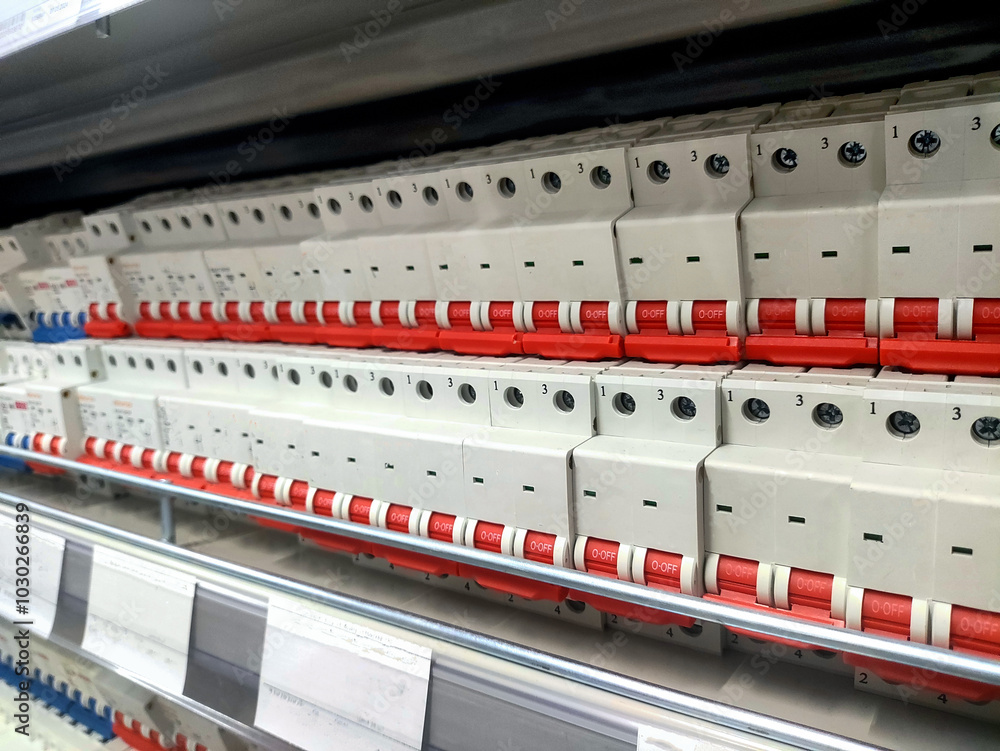 Many electrical circuit breakers in a hardware store, background, close-up Many electrical circuit breakers in a hardware store, background, close-up