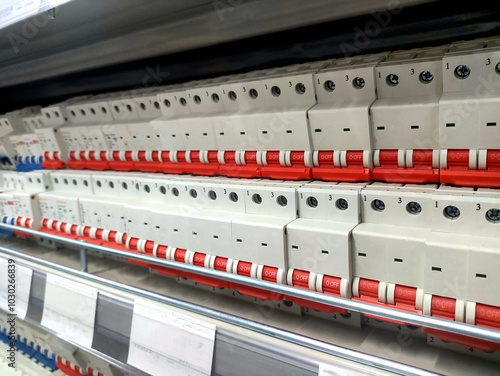 Many electrical circuit breakers in a hardware store, background, close-up photo