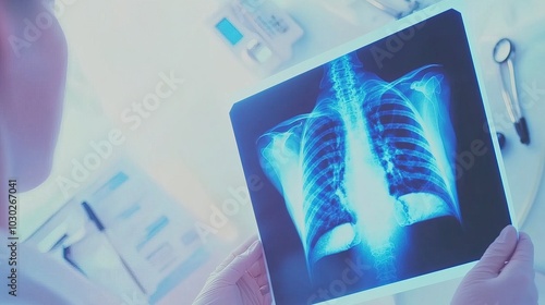 Doctor carefully examines X-ray film of patient's lungs, identifying COVID-19 complications, with medical instruments and charts in the background.