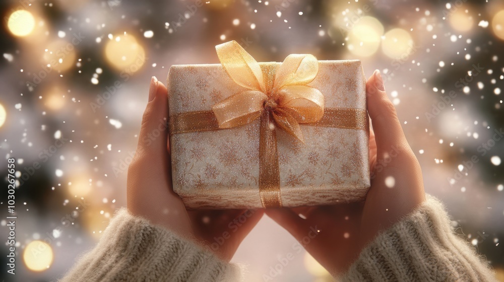 Christmas gift in luxurious wrapping offered by realistic hands, with softly lit background of snowflakes and glowing lights for a festive atmosphere. Christmas Christmas gift in luxurious wrapping offered by realistic hands, with softly lit background of snowflakes and glowing lights for a festive atmosphere. Christmas