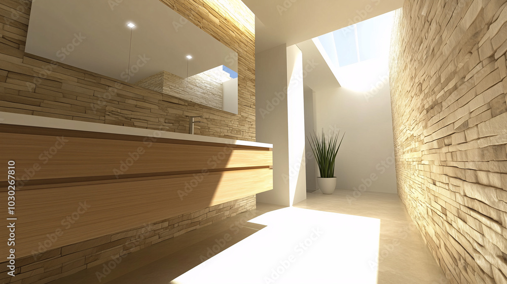 Fototapeta premium Minimalist bathroom with clean lines, a concrete countertop, and matte black faucets set against white walls