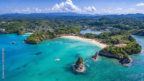 stunning aerial view of tropical beach with clear turquoise waters, lush green hills, and sandy shore. vibrant landscape invites relaxation and adventure