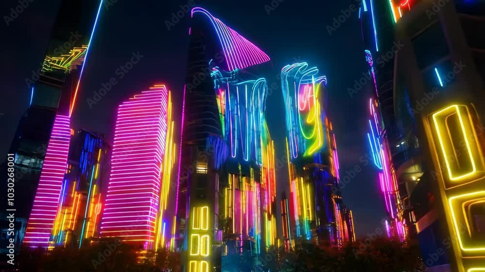 Neon Cityscape: Vibrant Skyscrapers at Night