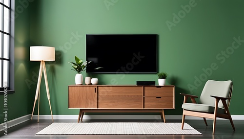 modern living room features wooden sideboard green wall accompanied contemporary tv stand armchair home design setting scene photo