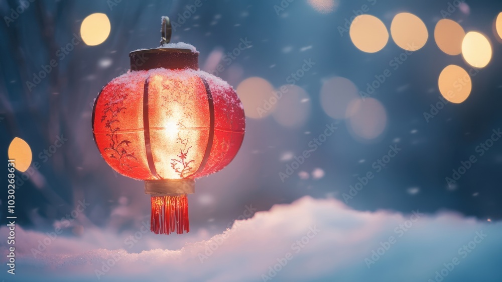 Obraz premium Festive red lantern with warm glow, set against snow and fairy lights for a peaceful holiday atmosphere. Christmas