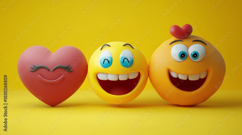 A row of five emojis, all smiling, with hearts above some of their heads. A row of five emojis, all smiling, with hearts above some of their heads.