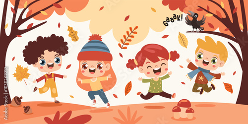Autumn Illustration With Cartoon Kids