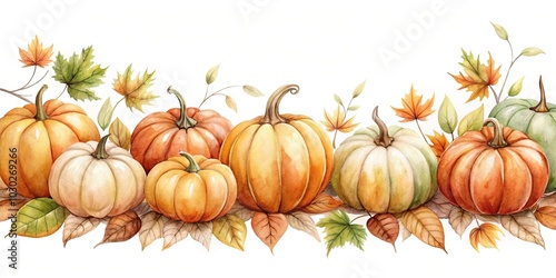 Watercolor painting of pumpkins and leaves on white background