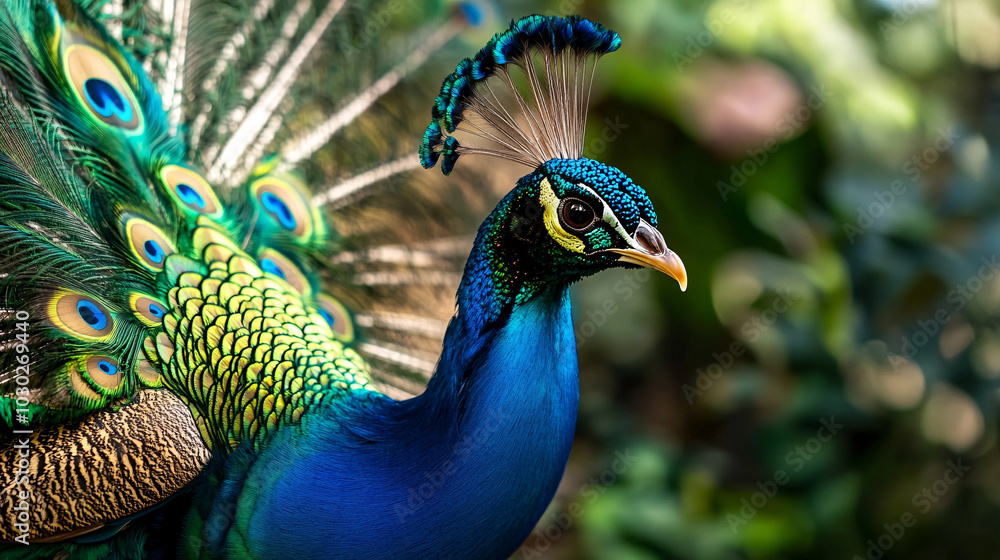 Obraz premium vibrant peacock displays its stunning plumage, showcasing blend of iridescent blue and green feathers. intricate patterns and colors create mesmerizing sight in lush environment