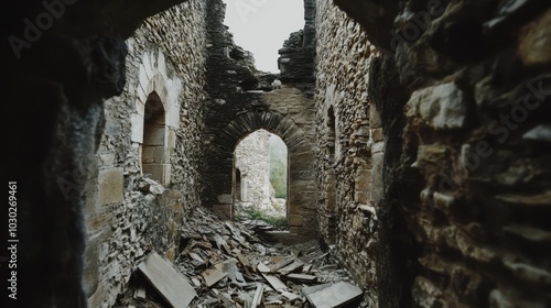 A desolate stone passageway in a ruined structure, featuring crumbling walls and debris, evoking feelings of decay and history.