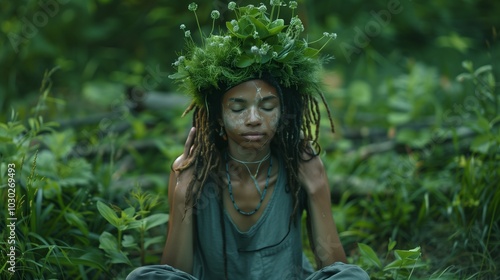 A group of ecoactivists engages in mindfulness meditation in a serene forest, promoting environmental awareness through their practices photo