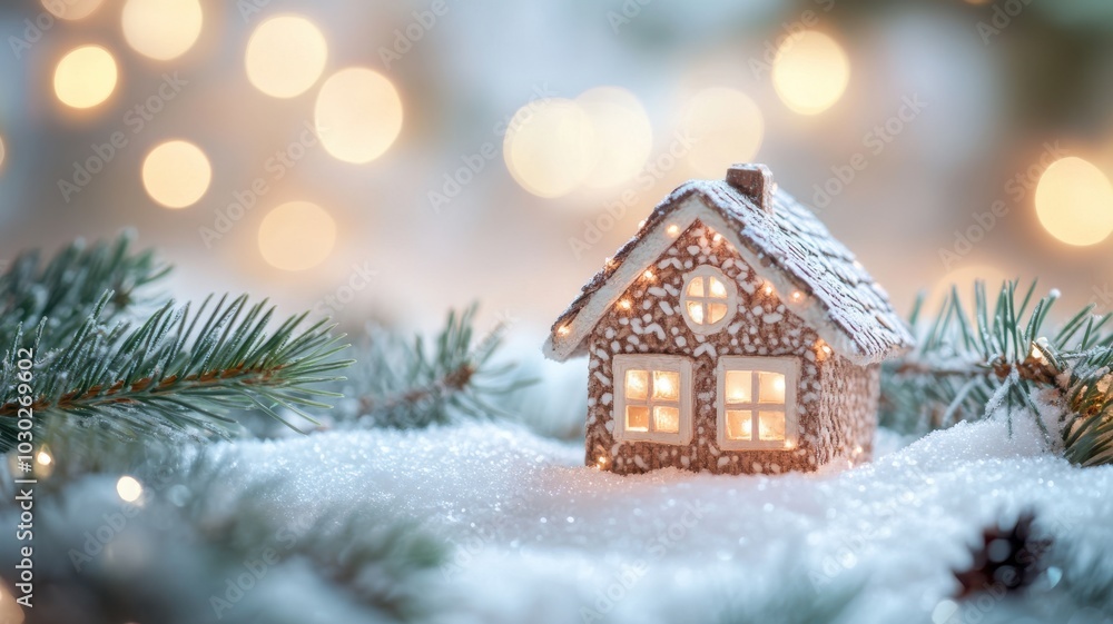 Charming Scandinavian house ornament with thatched roof, nestled in snow and surrounded by fairy lights for a cozy wintery look. Christmas Charming Scandinavian house ornament with thatched roof, nestled in snow and surrounded by fairy lights for a cozy wintery look. Christmas
