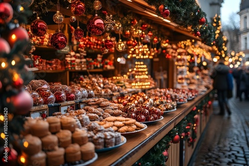 Festive Christmas Market with Decorated Stalls Selling Cocoa Cookies and Ornaments