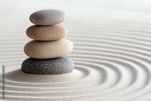 Three stones on top of each other in the center background ripples pebbles.