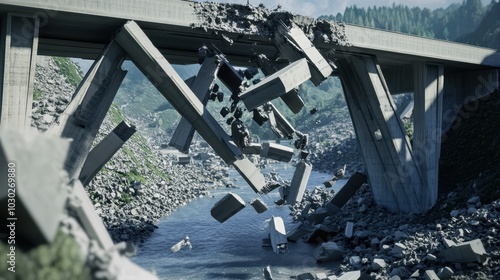 A damaged bridge partially collapsed, revealing debris in water below, surrounded by a lush, mountainous landscape. photo