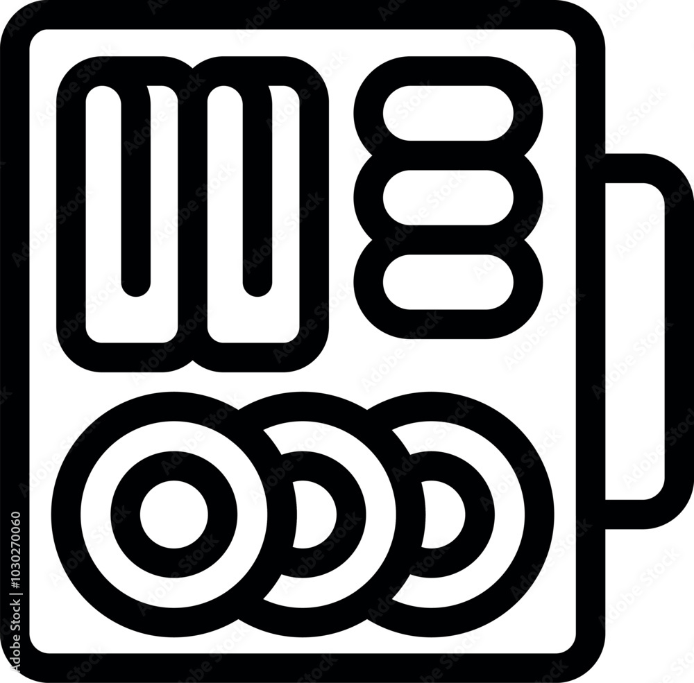 Icon depicting a computer case containing different hardware components, represented in a simple vector format