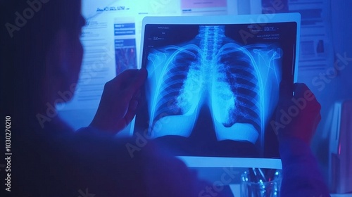 Doctor carefully examines X-ray film of patient's lungs, identifying COVID-19 complications, with medical instruments and charts in the background.