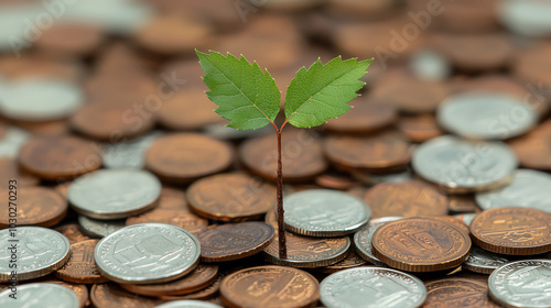 A young sapling rising from a pile of gold and silver coins, symbolizing new investment opportunities photo