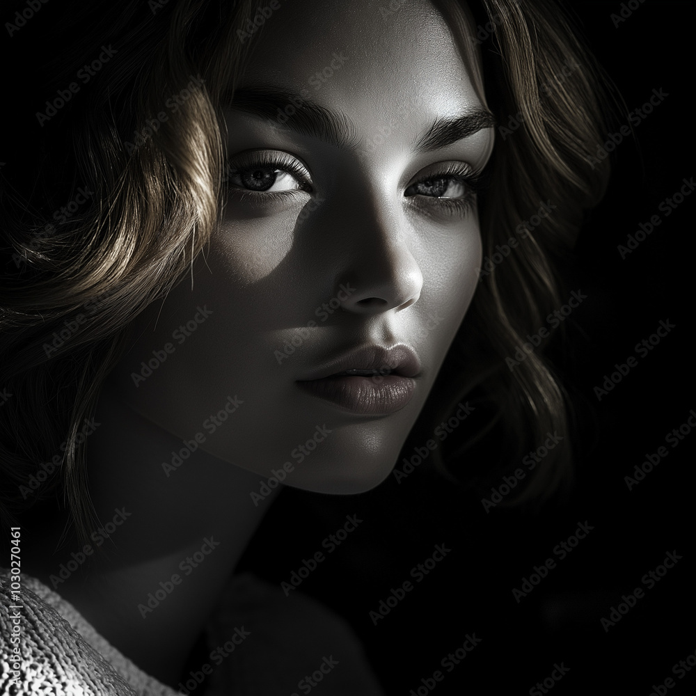 High-contrast black-and-white portrait of a woman with harsh lighting accentuating the contours of her face. The sharp shadows highlight her skin's texture, creating a bold, artistic focus High-contrast black-and-white portrait of a woman with harsh lighting accentuating the contours of her face. The sharp shadows highlight her skin's texture, creating a bold, artistic focus