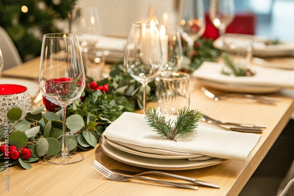 Table served for Christmas dinner in living room, close up view. Bokeh light soft effect. Table setting for holiday dinner. Festive cozy room background with Christmas tree. Still life, table set Table served for Christmas dinner in living room, close up view. Bokeh light soft effect. Table setting for holiday dinner. Festive cozy room background with Christmas tree. Still life, table set