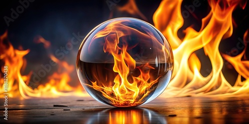 Low angle view of a glass ball with fire inside, revealing its mysterious beauty