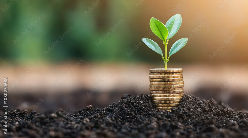 A vibrant green plant pushing through a stack of shiny coins, symbolizing resilience in financial growth A vibrant green plant pushing through a stack of shiny coins, symbolizing resilience in financial growth