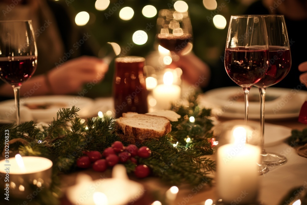 Christmas Holiday Dining. Festive table setting with exquisite wine and romantic candlelight at holiday gatherings. Cutlery set with intricate designs. Seasonal holiday dining background. Family Meal Christmas Holiday Dining. Festive table setting with exquisite wine and romantic candlelight at holiday gatherings. Cutlery set with intricate designs. Seasonal holiday dining background. Family Meal