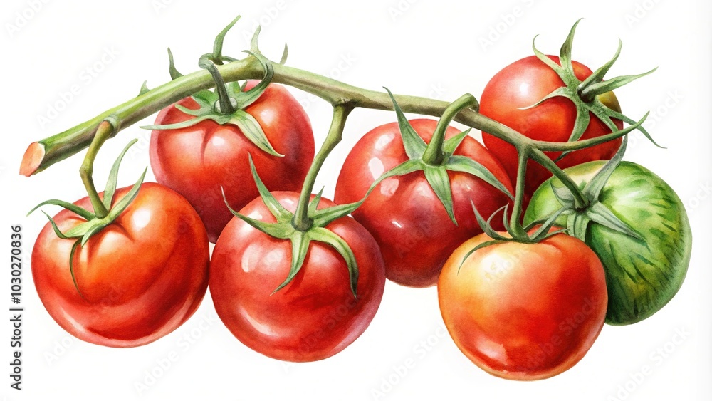 Watercolor painting of tomatoes on a branch Watercolor painting of tomatoes on a branch