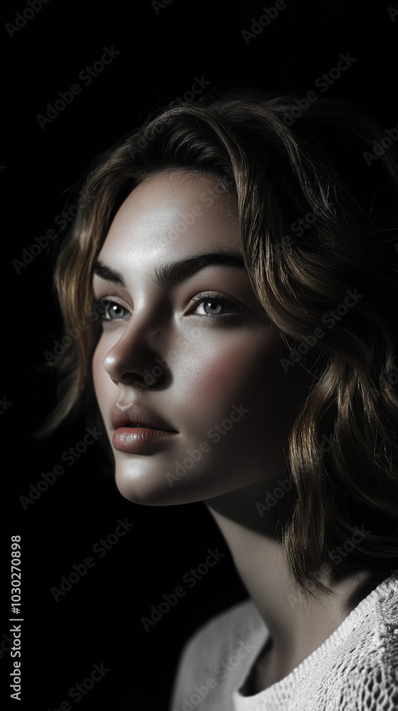 Naklejka premium High-contrast black-and-white portrait of a woman with harsh lighting accentuating the contours of her face. The sharp shadows highlight her skin's texture, creating a bold, artistic focus 