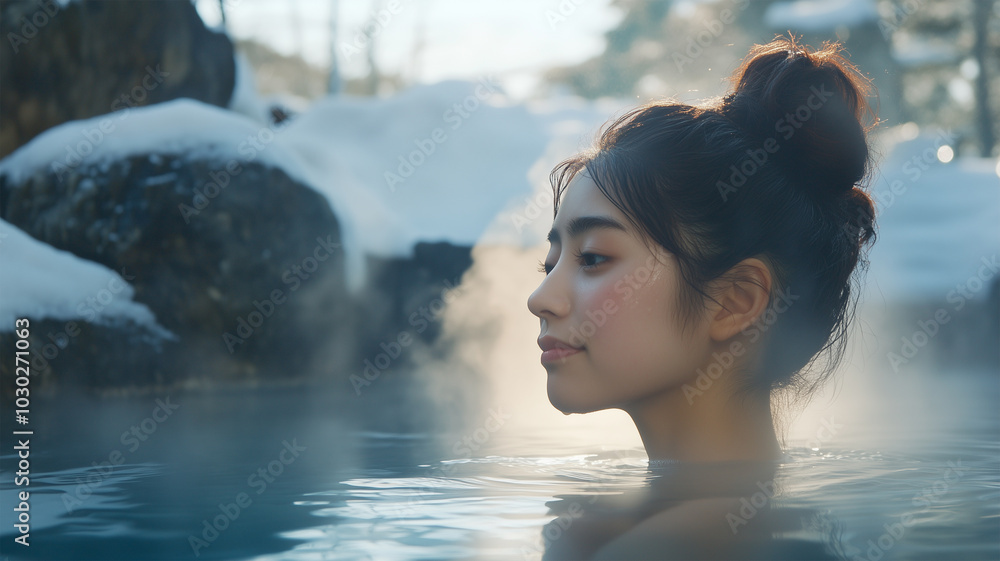 温泉でリラックスする日本人女性 温泉でリラックスする日本人女性