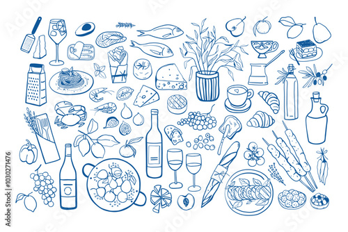 Set of hand drawn simple mediterranean food. Different European ingredients and dishes in doodle style
