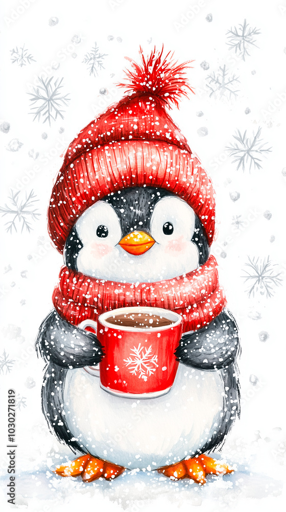 Adorable Penguin in Winter Attire Holding a Festive Mug Amidst Falling Snowflakes, Seasonal Holiday Illustration Perfect for Christmas Cards and Winter-Themed Designs Adorable Penguin in Winter Attire Holding a Festive Mug Amidst Falling Snowflakes, Seasonal Holiday Illustration Perfect for Christmas Cards and Winter-Themed Designs