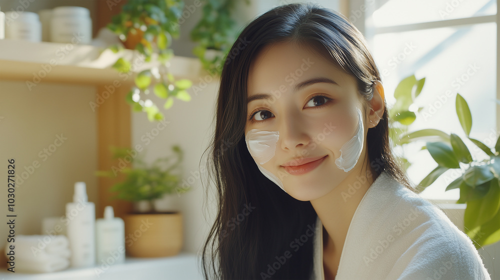 フェイシャルマスクをする日本人女性