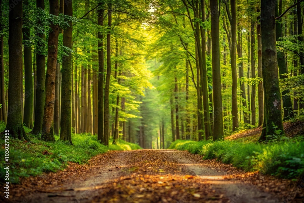 Obraz premium Low angle view of a peaceful forest path surrounded by green nature