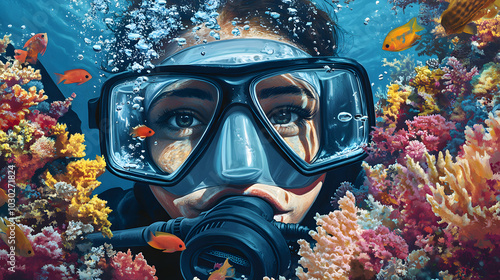 A Mysterious Underwater Adventure: Discovering Coral Reefs with a Scuba Diver Surrounded by Playful Fishes