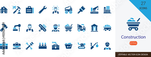 Construction solid vector icon set. containing  Labor, Machinery, Repair, Safety, mixer, hammer, helmet and more illustration
