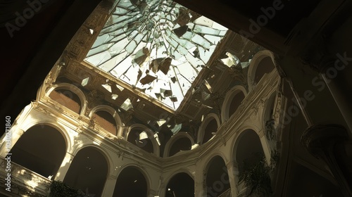 A dramatic view of a shattered glass ceiling in an ornate building, showcasing light filtering through broken pieces and highlighting architectural details.