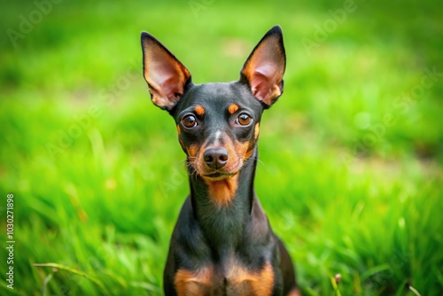 Typical English Toy Terrier on a green grass lawn point of view