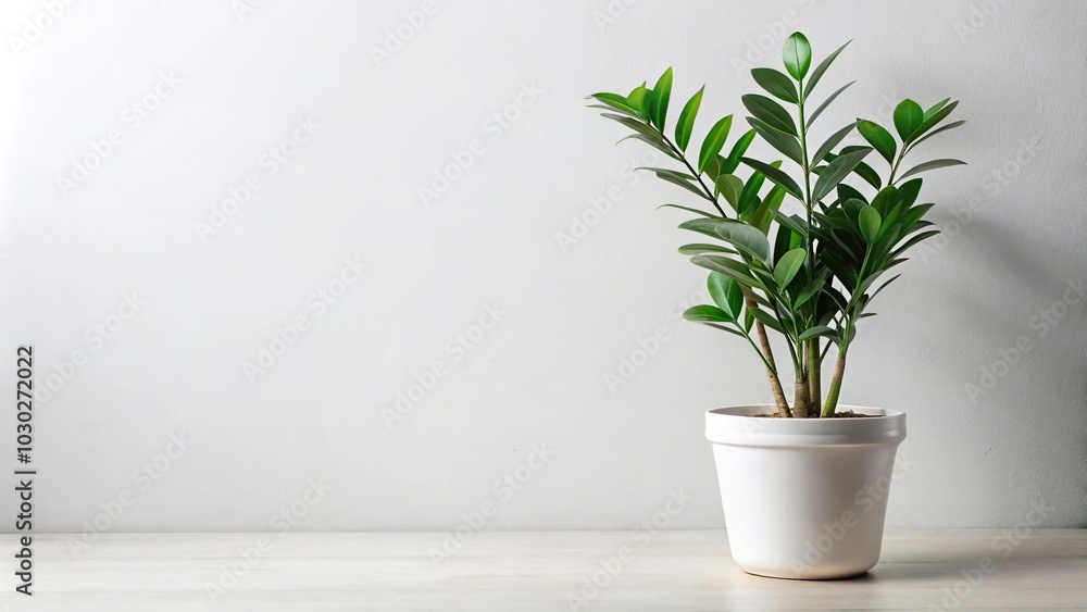Low angle view of a pot with zamioculcas plant on white background Low angle view of a pot with zamioculcas plant on white background