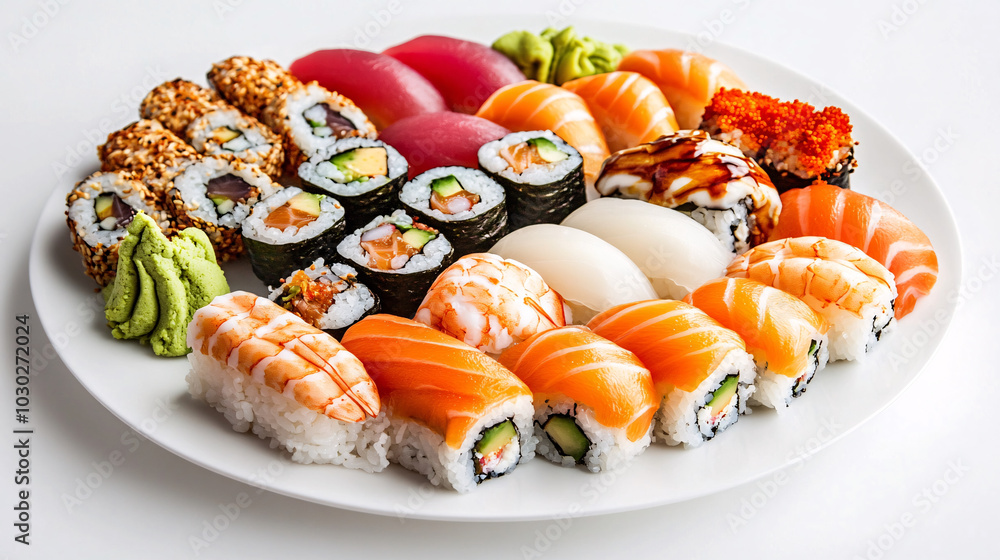 Delight in vibrant sushi platter featuring variety of rolls, sashimi, and garnishes, showcasing fresh ingredients and colorful presentation. Perfect for sushi lovers! Delight in vibrant sushi platter featuring variety of rolls, sashimi, and garnishes, showcasing fresh ingredients and colorful presentation. Perfect for sushi lovers!