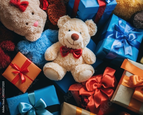 A collection of gift boxes with a plush teddy bear in the center, celebrating Safe Toys Month photo