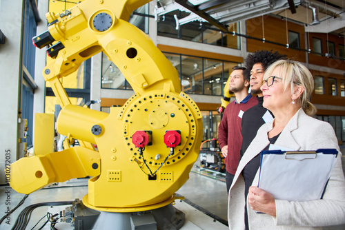 Engineers discussing industrial robot with gripper arm in modern workspace photo